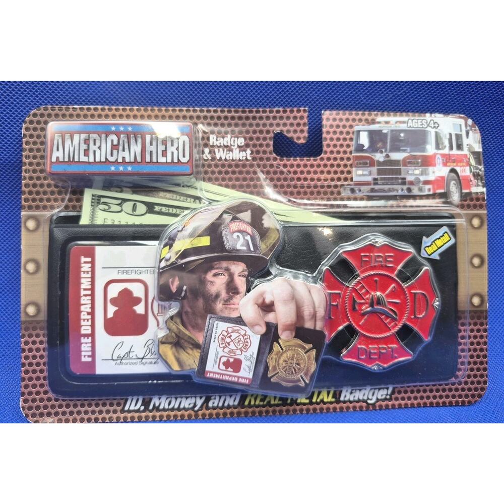 American Hero Fire Department Toy Set Metal Badge Wallet Play Money NEW